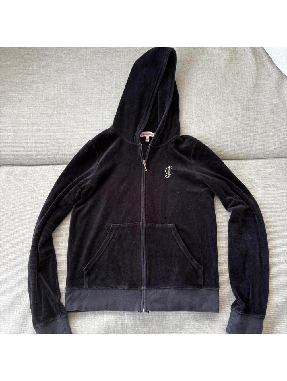 Juicy couture Black velvet zip up hoodie with gold logo #y2k #juicycouture